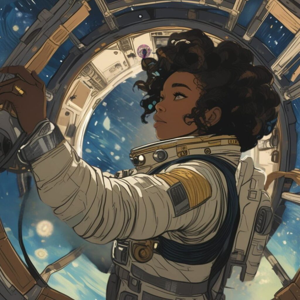 Black woman astronaut inside a space station, reaching toward a control panel with stars visible through the circular window behind her.
