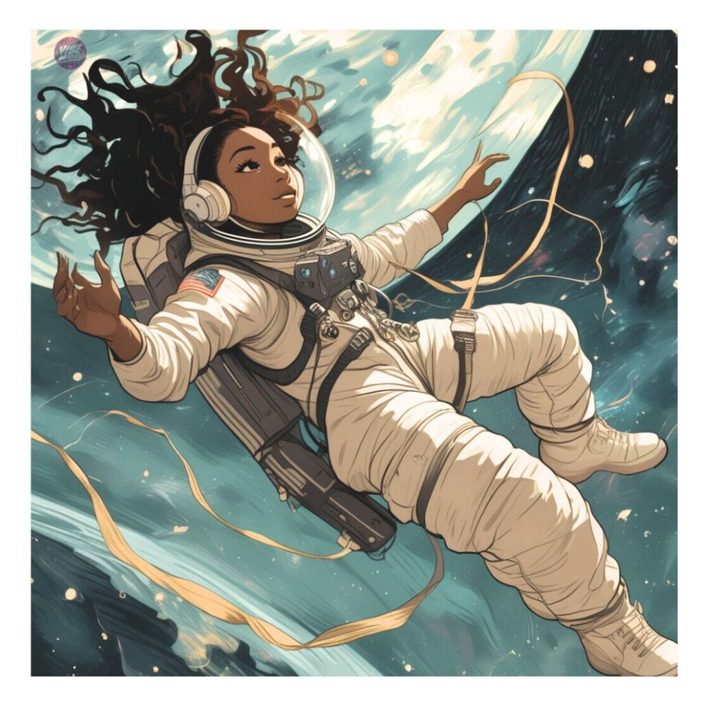 Illustration of a Black woman astronaut floating freely in space, eyes open in calm awareness, surrounded by soft starlight and movement.