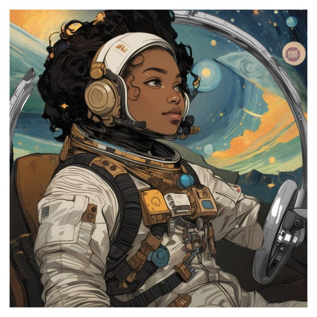 Black woman astronaut with natural hair finding peace. She is wearing a detailed spacesuit, gazing forward in a spacecraft with a colorful cosmic background.