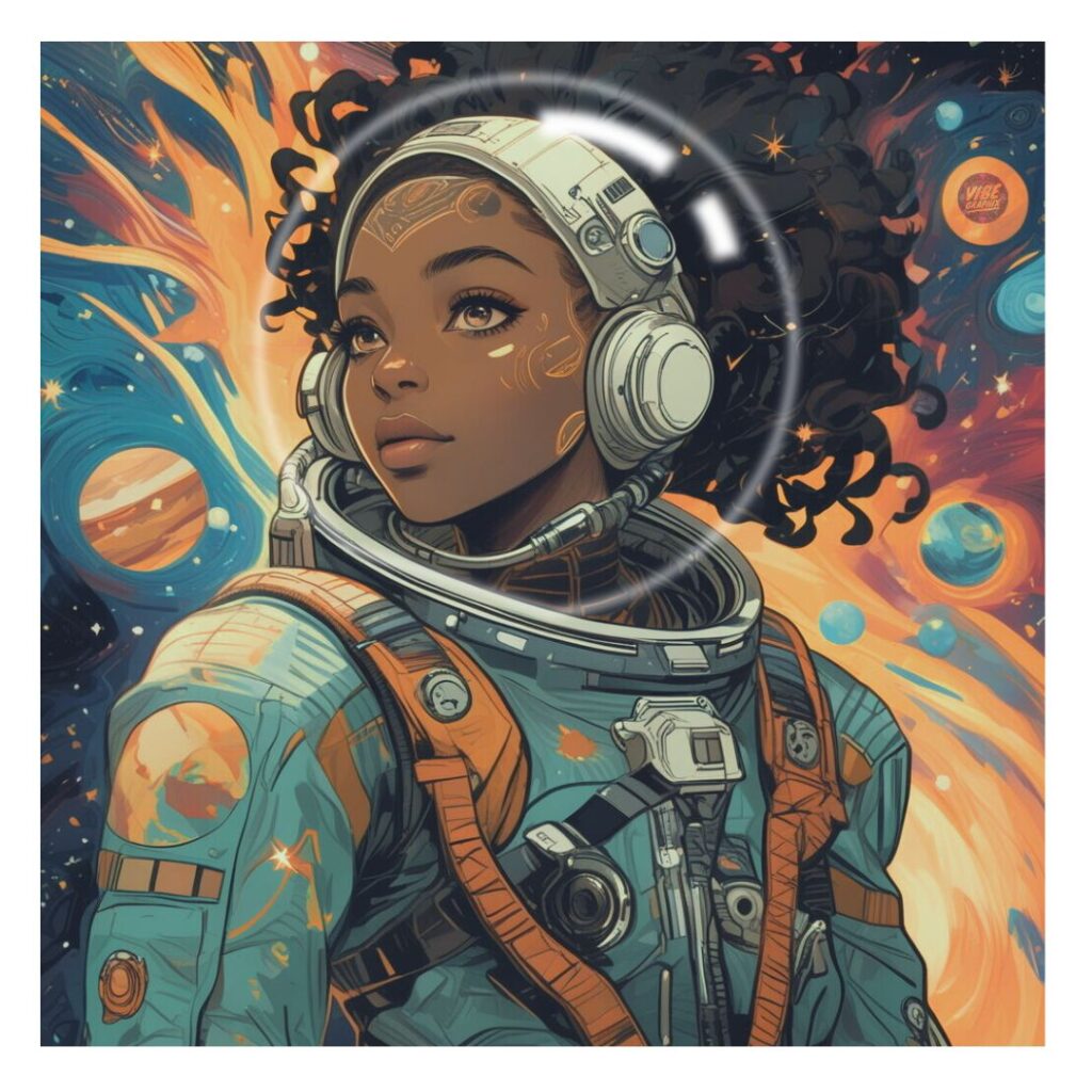 Illustration of a young Black woman astronaut in the stillness of the universe. Suited in a teal suit with celestial designs on her face, looking upward with planets and galaxies in the background.