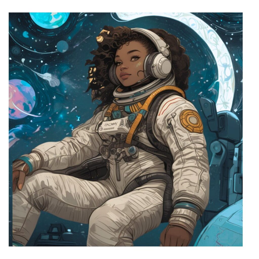 Digital illustration of a Black woman astronaut seated in a space pod, wearing a white suit and headphones, with the moon and galaxies in the background.
