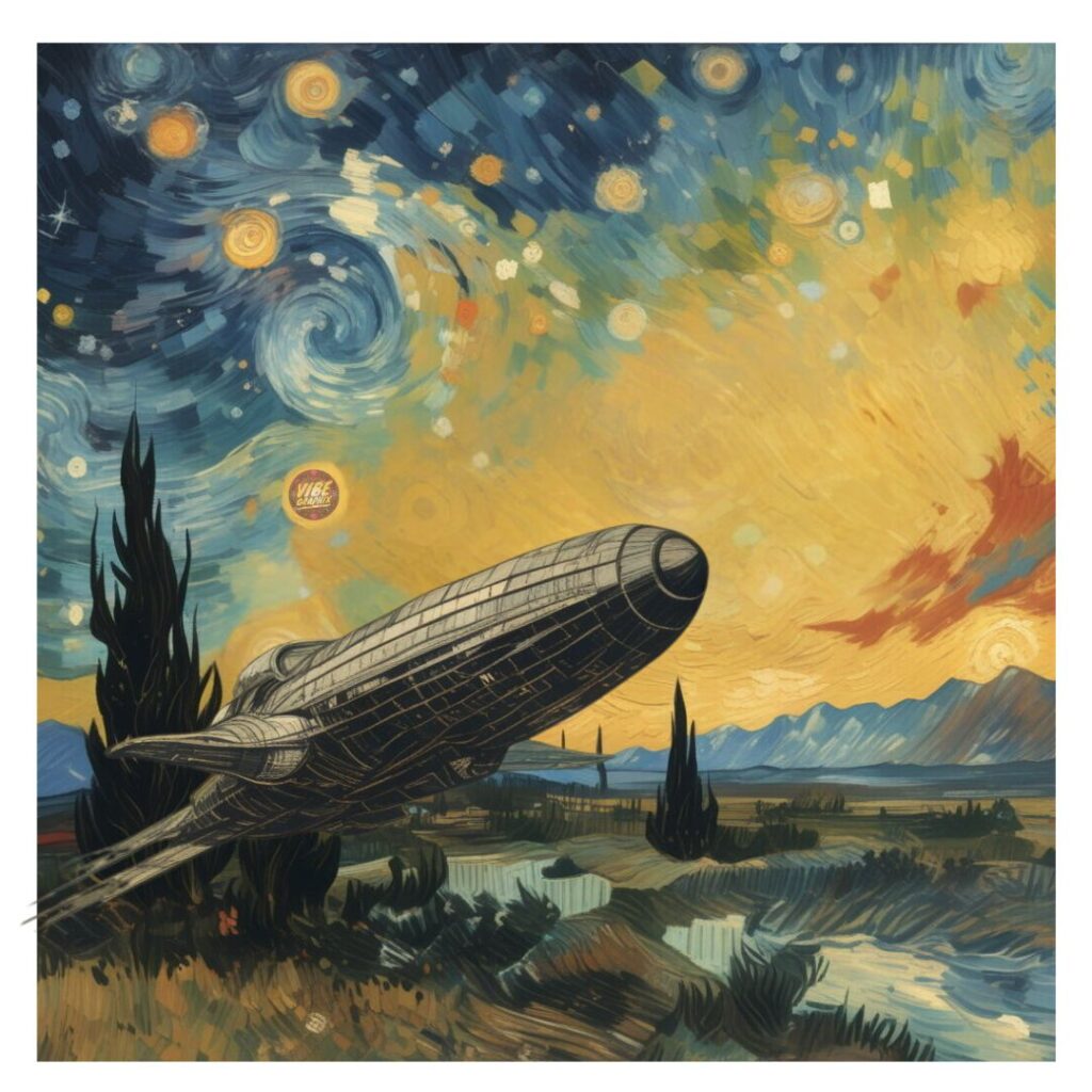 Stylized painting of a spaceship flying over a Van Gogh-inspired landscape with swirling stars and a golden sunset sky.