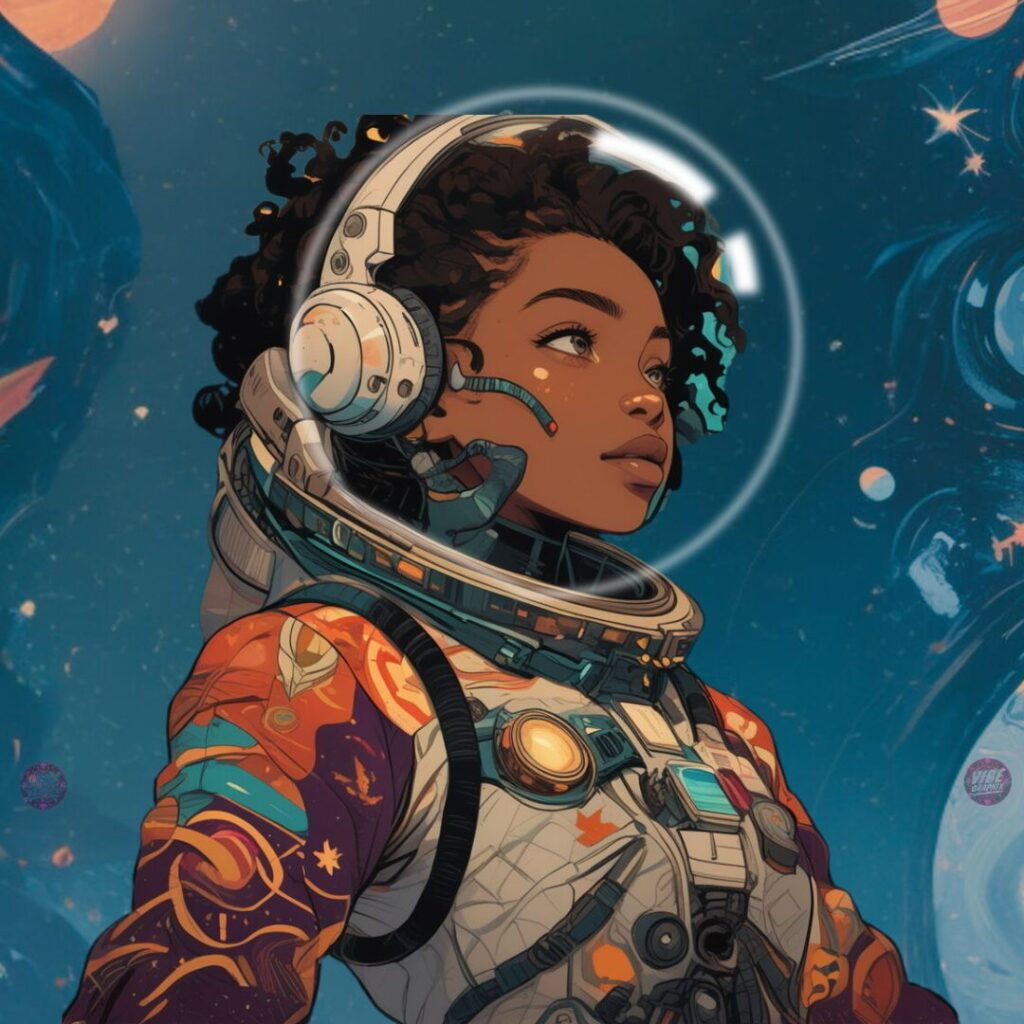 Illustration of a Black woman astronaut in a colorful suit gazing upward in space, surrounded by planets and stardust.