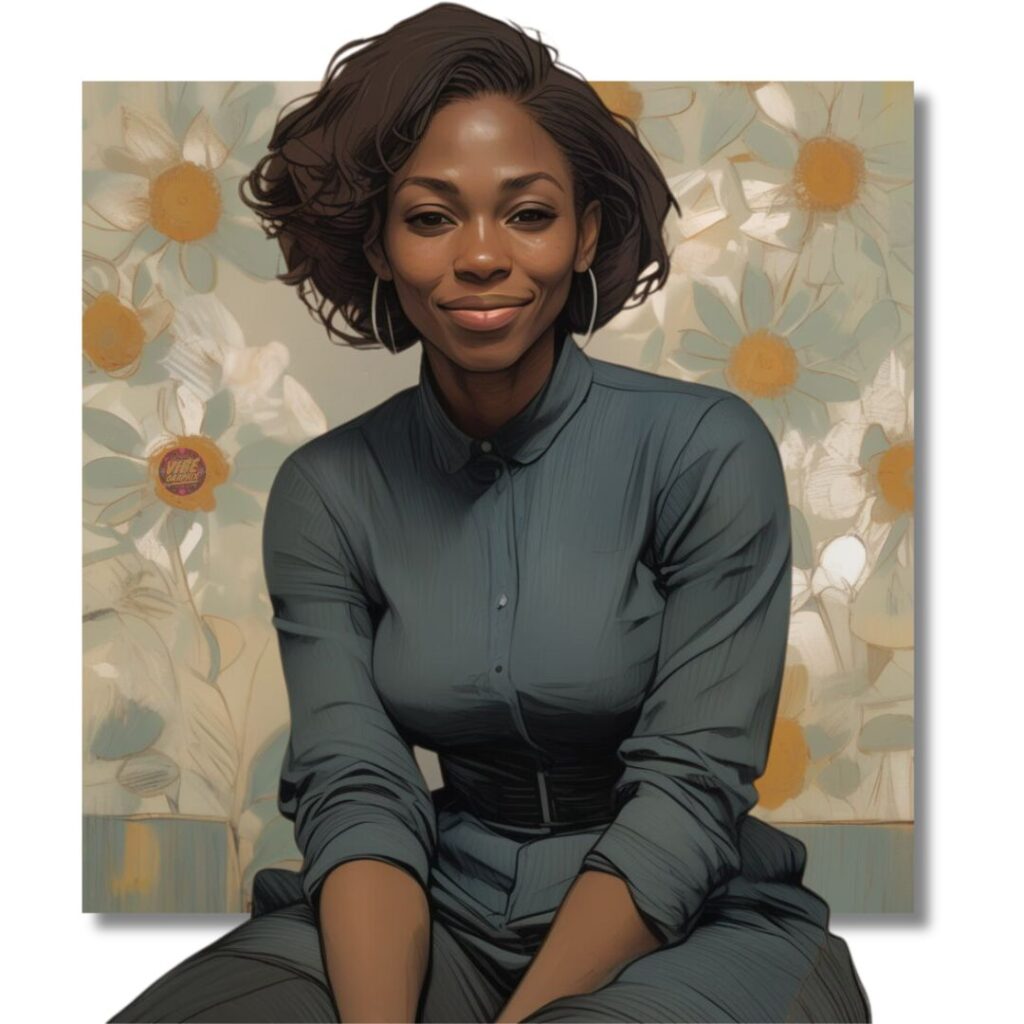 Black woman seated in a soft teal dress, smiling gently in front of a daisy-patterned floral background—radiating grace, confidence, and emotional calm.