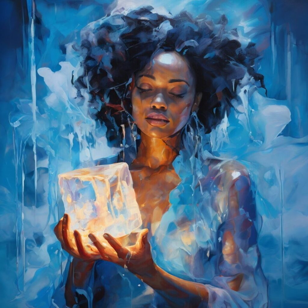 Black woman with eyes closed, gently cradling a glowing ice block in blue light—symbolizing the quiet grace and transformation born from effort.