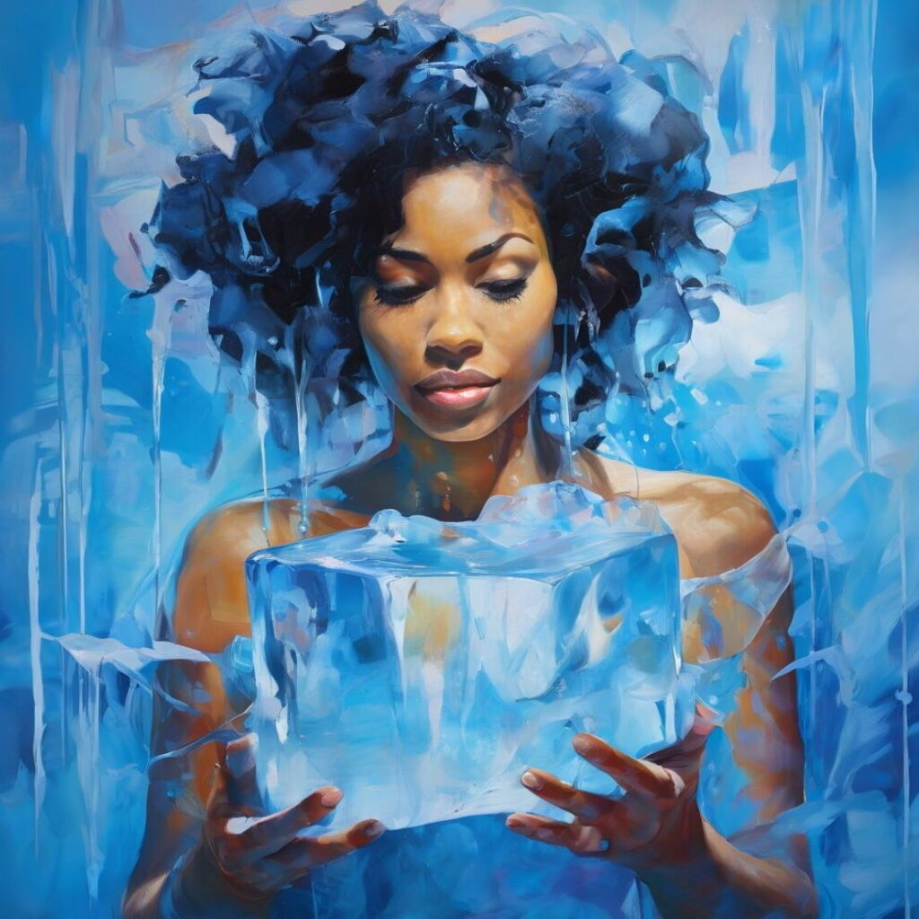 Black woman with natural hair gently holding a block of ice, eyes closed in reflection—capturing the quiet strength of effort and surrender