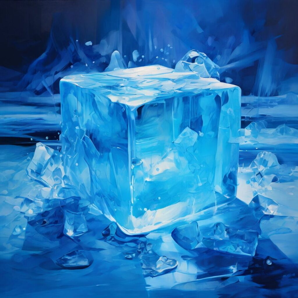 Large ice block melting on a cold blue surface, surrounded by scattered shards—symbolizing effort dissolving over time