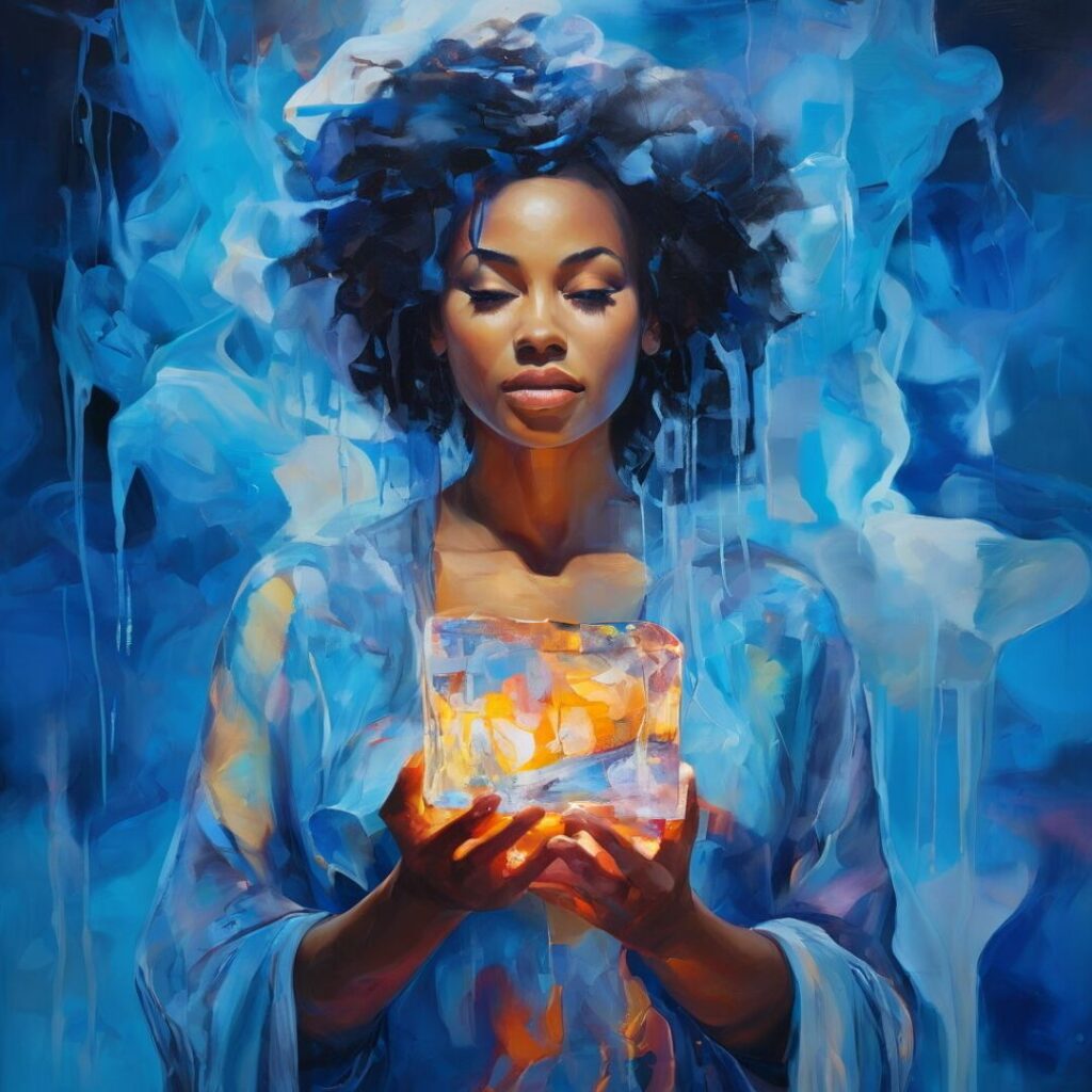 Black woman standing with closed eyes, holding a glowing block of ice in both hands—surrounded by soft blue mist, symbolizing reflection and inner strength.