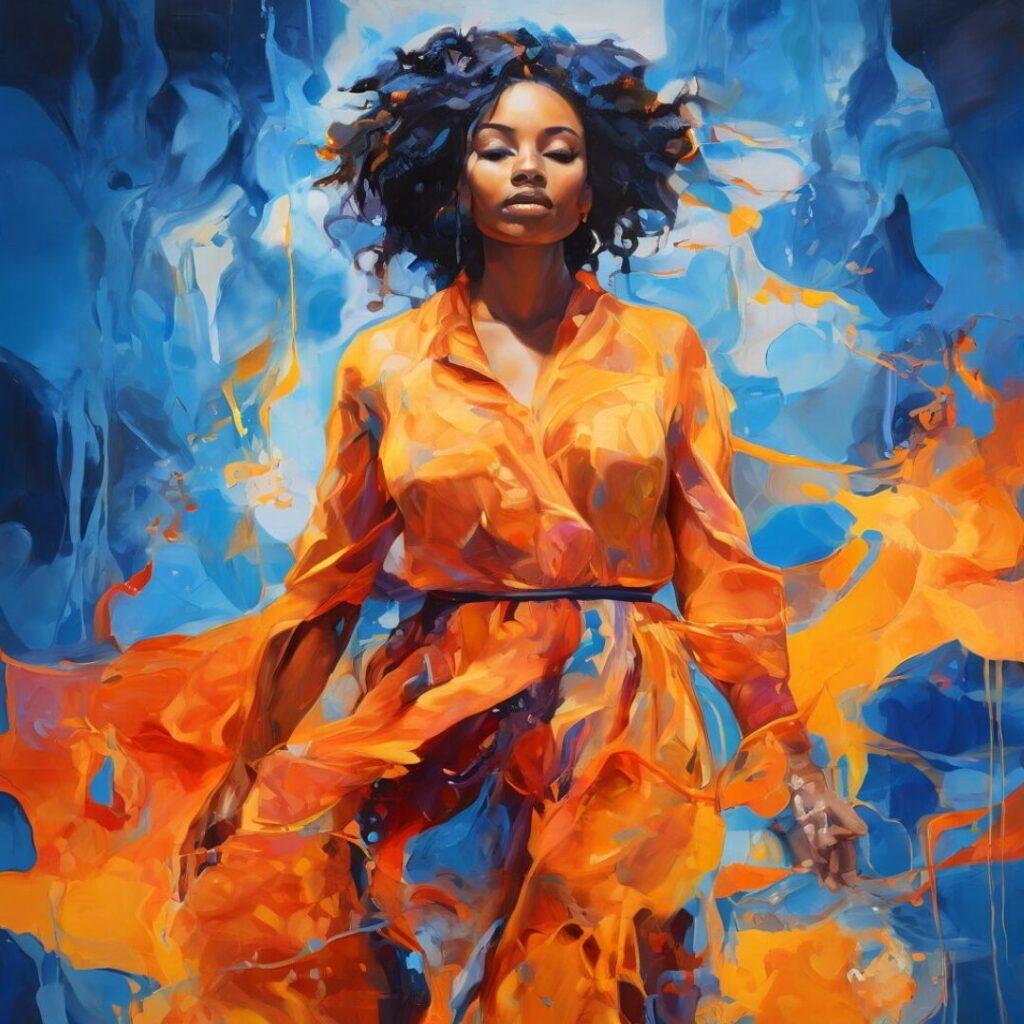 Black woman in a flowing orange dress standing confidently amid swirling blue and orange—symbolizing transformation, inner power, and the beauty that follows effort