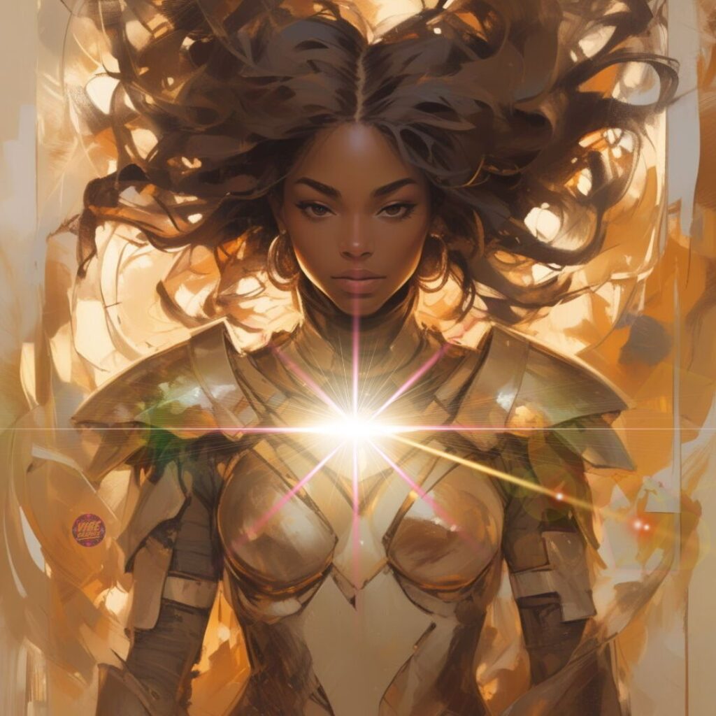 A fierce yet radiant Black woman in golden armor stands surrounded by glowing light, her chest illuminated by a soft burst of light symbolizing inner strength beneath protection.