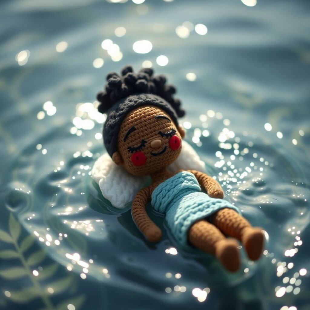 Crochet Black doll floating on soft water with eyes closed and pillow under her head, wrapped in a blue towel and resting in sunlight, fully surrendered to the wave