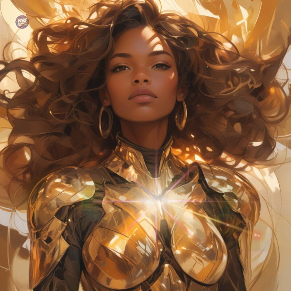 Releasing the pain, a composed Black woman in polished gold armor stands poised with soft eyes and a glowing chest, embodying the strength of compassion paired with unwavering boundaries.