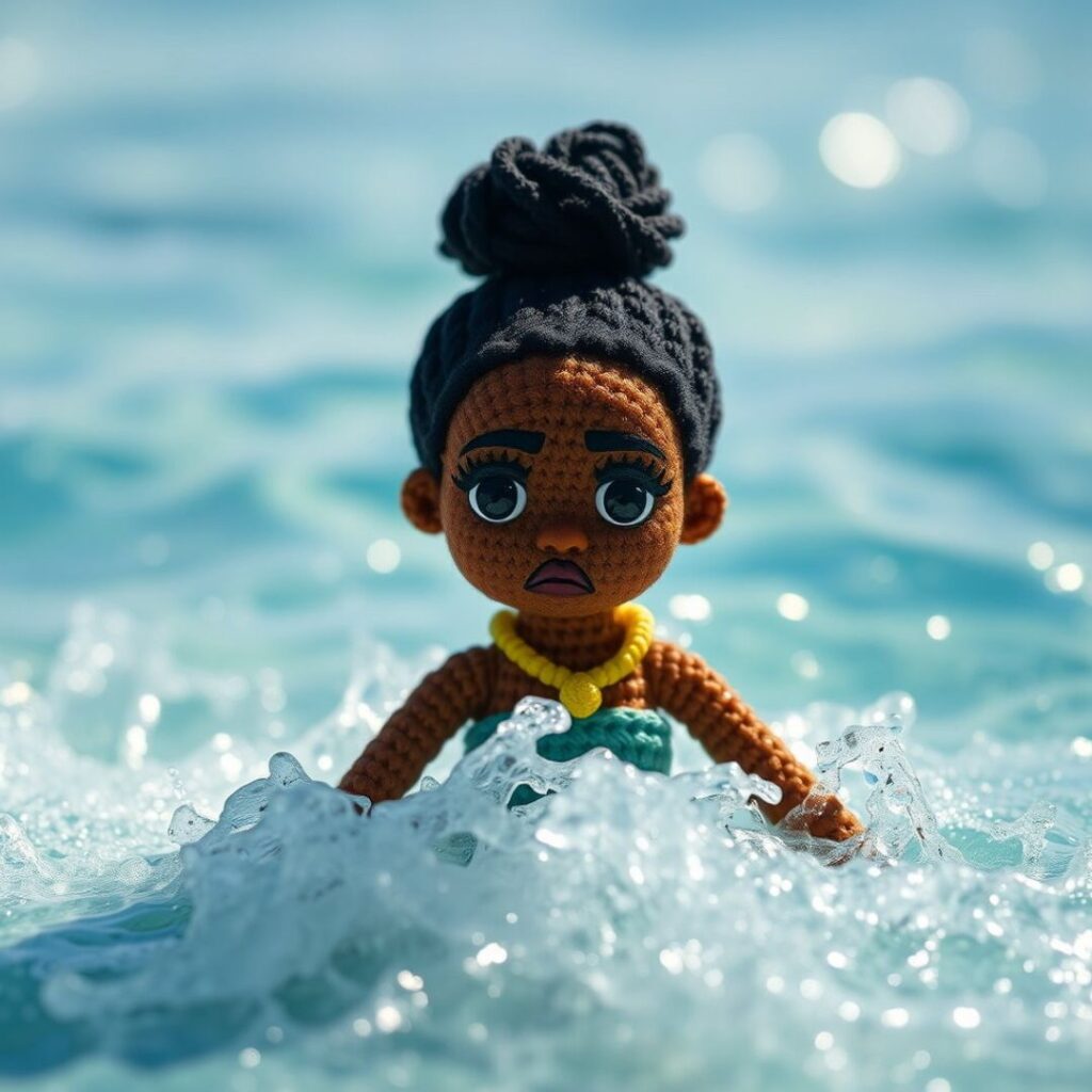 Crochet Black doll with topknot bun emerging from foamy water, wide-eyed and tense, as if struggling not to drown in turbulent waves
