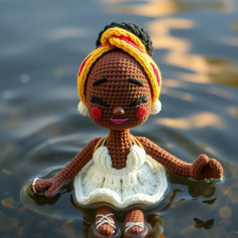 Crochet Black doll floating peacefully on gentle water with eyes closed, wearing a white dress and yellow headwrap, evoking calm in the midst of a wave.