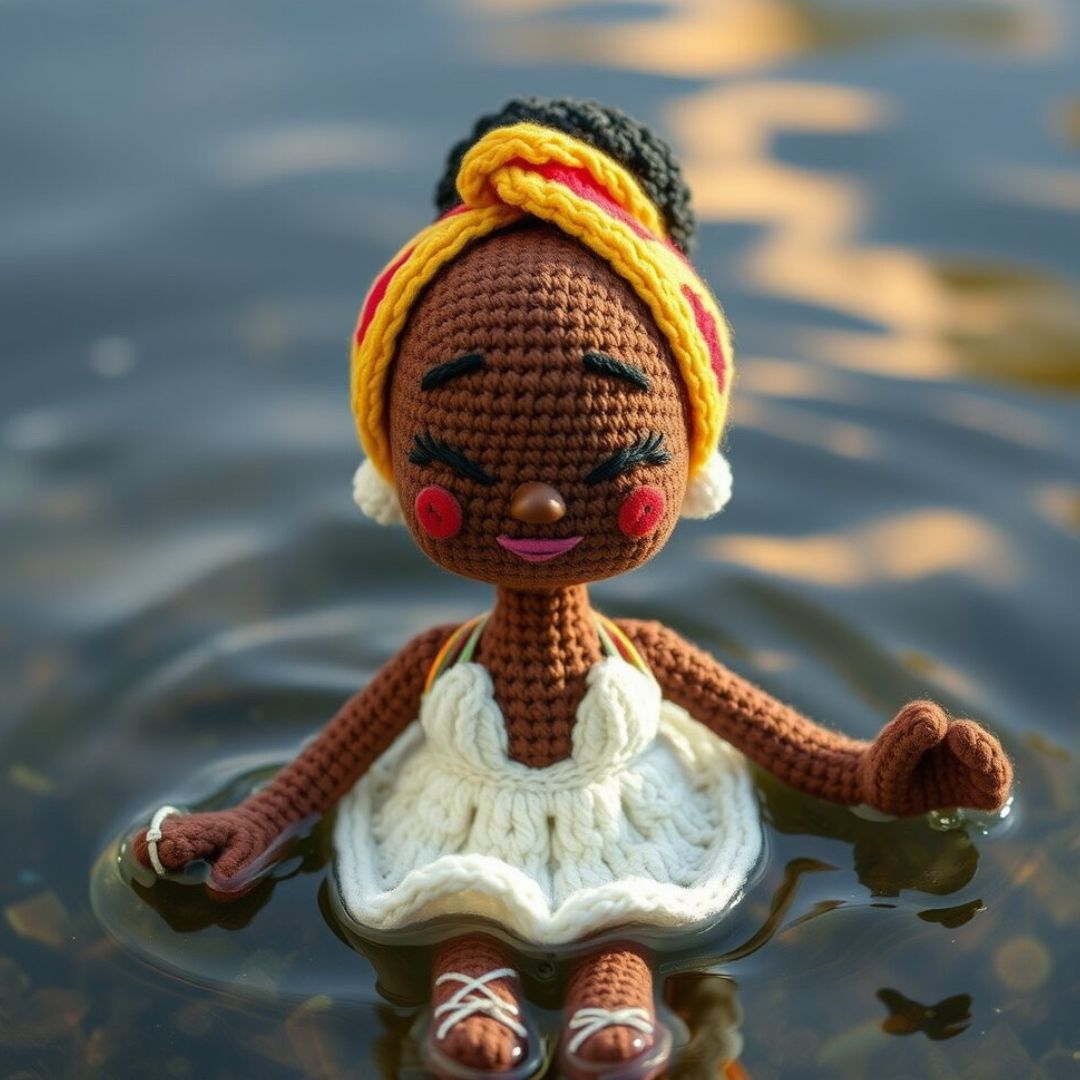Crochet Black doll floating peacefully on gentle water with eyes closed, wearing a white dress and yellow headwrap, evoking calm in the midst of a wave.