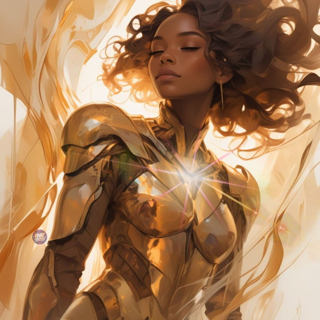 A graceful Black woman in radiant gold armor stands with closed eyes and a peaceful expression, glowing from the chest, symbolizing self-trust and the release of emotional weight.