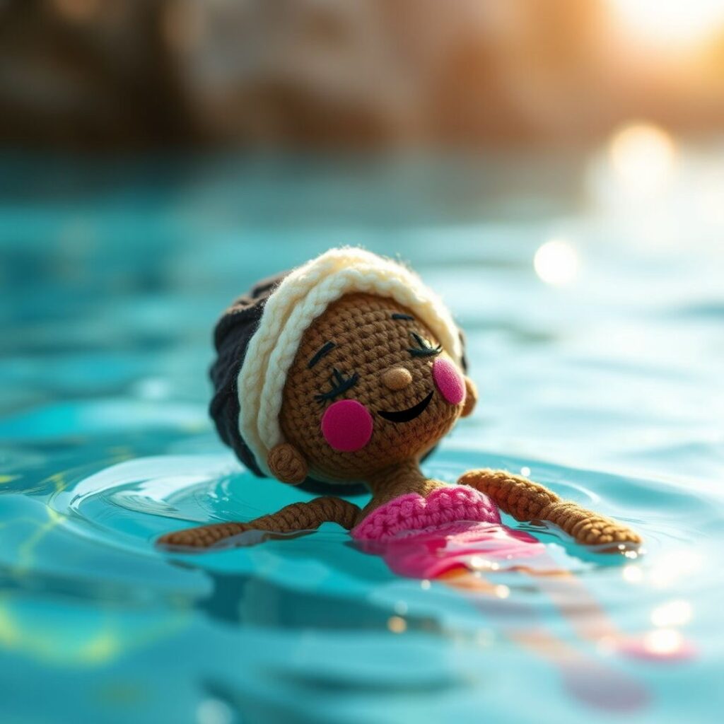 Crochet Black doll with white headband and pink swimsuit floating joyfully in sunlit water, eyes closed and smiling in peaceful release.