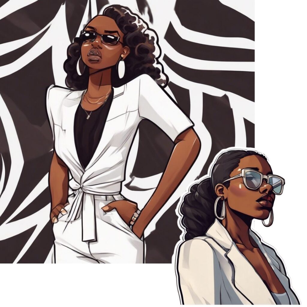 Stylized illustration of a confident Black woman in a white outfit and sunglasses, with a composed expression and bold black-and-white background.