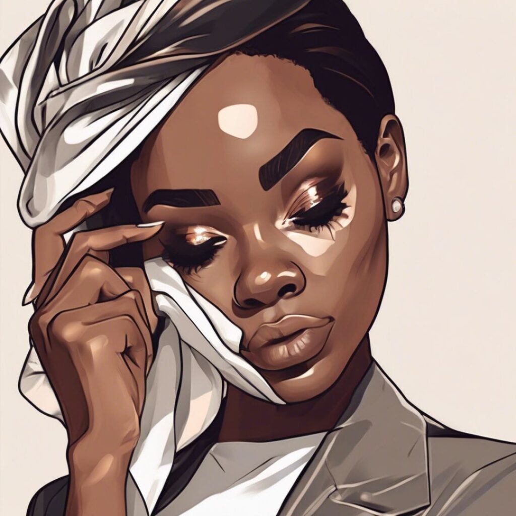 Illustrated Black woman with her eyes closed and a head wrap, gently wiping a tear with a cloth, wearing soft makeup and a calm expression.