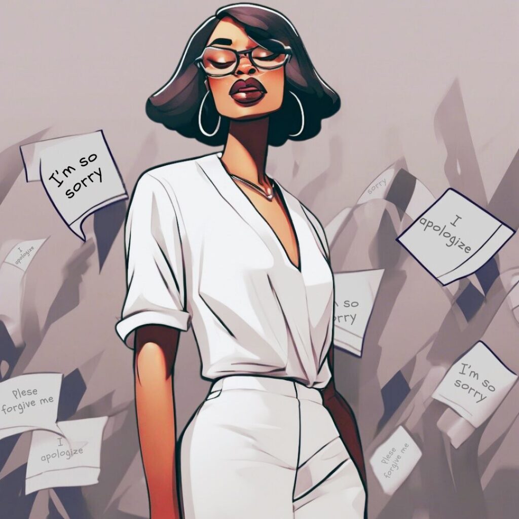 Stylized Black woman in white clothing with eyes closed, surrounded by floating apology notes that read “I’m sorry” and “I apologize.”