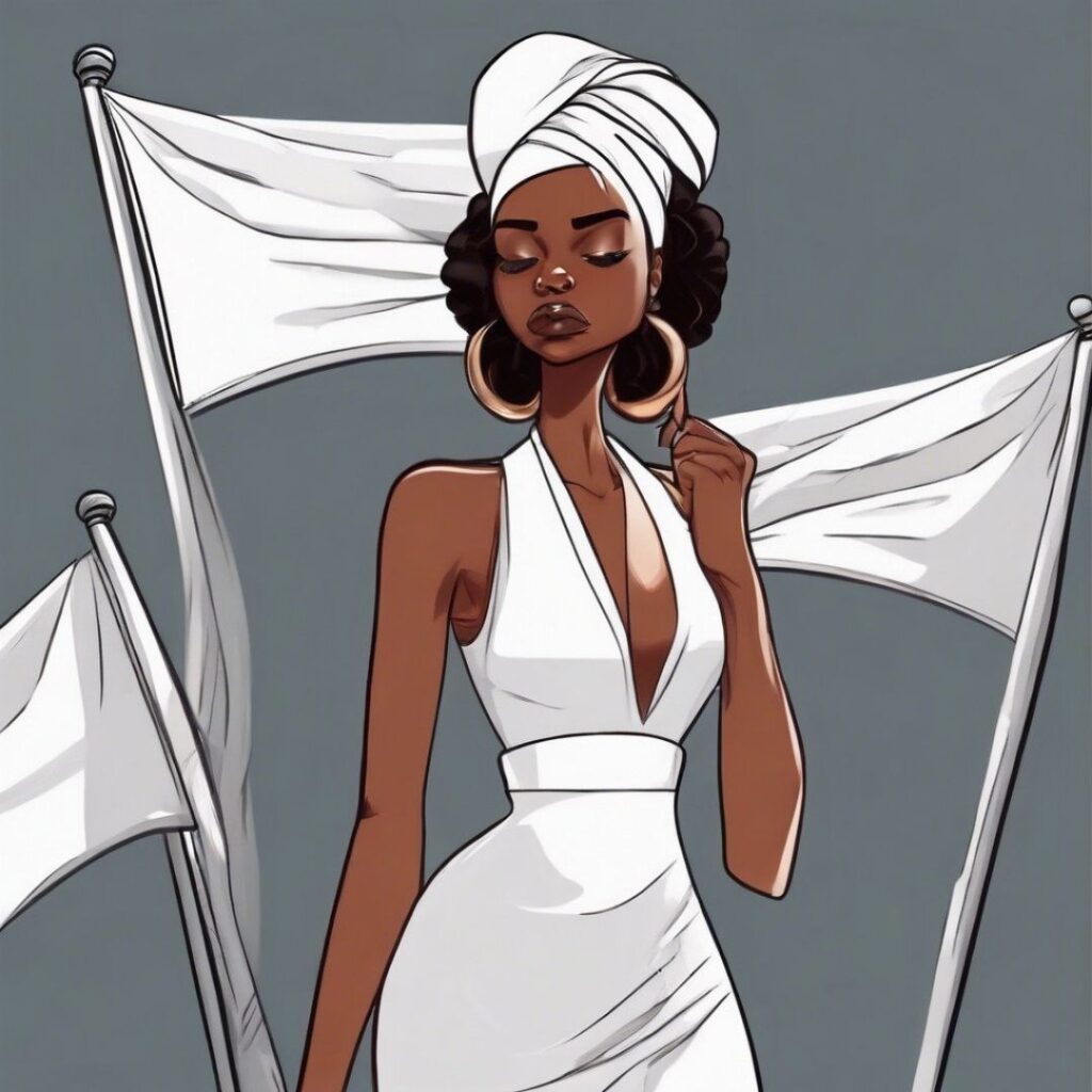 Elegant Black woman in a white dress and head wrap, surrounded by soft white flags, standing calmly against a gray background.