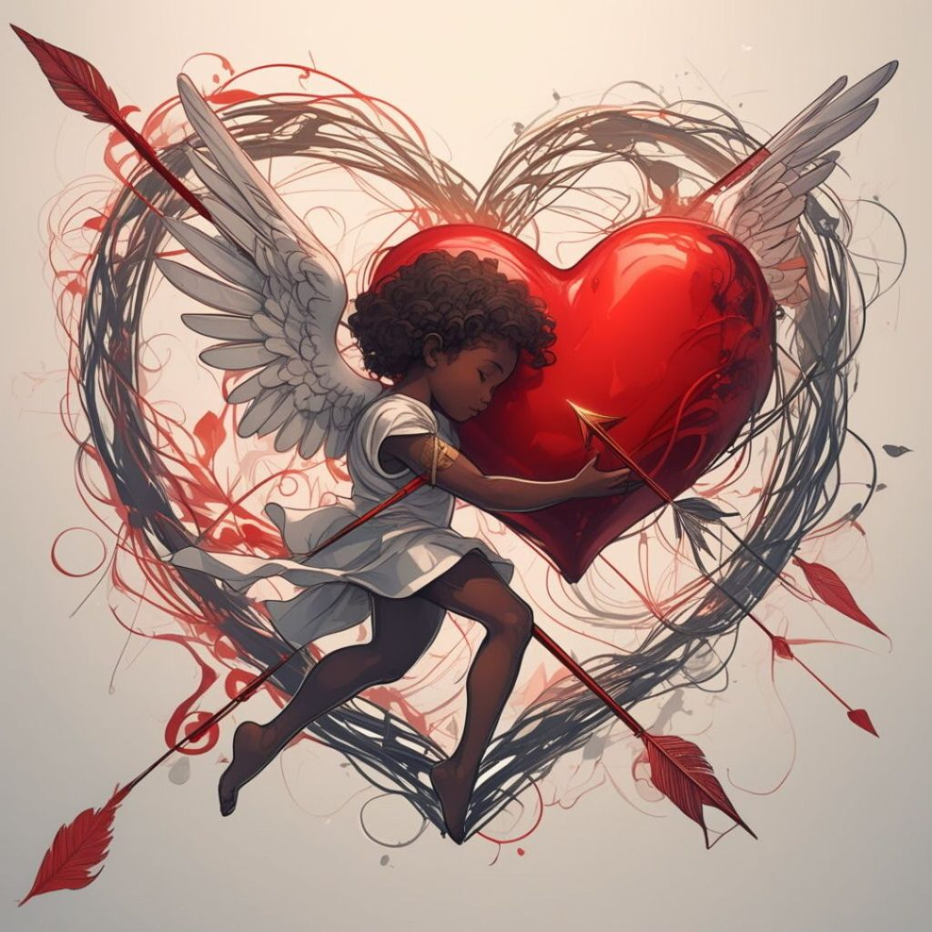 A winged Black cherub tenderly embraces a red heart pierced by arrows, framed in dark swirling lines and feathers.