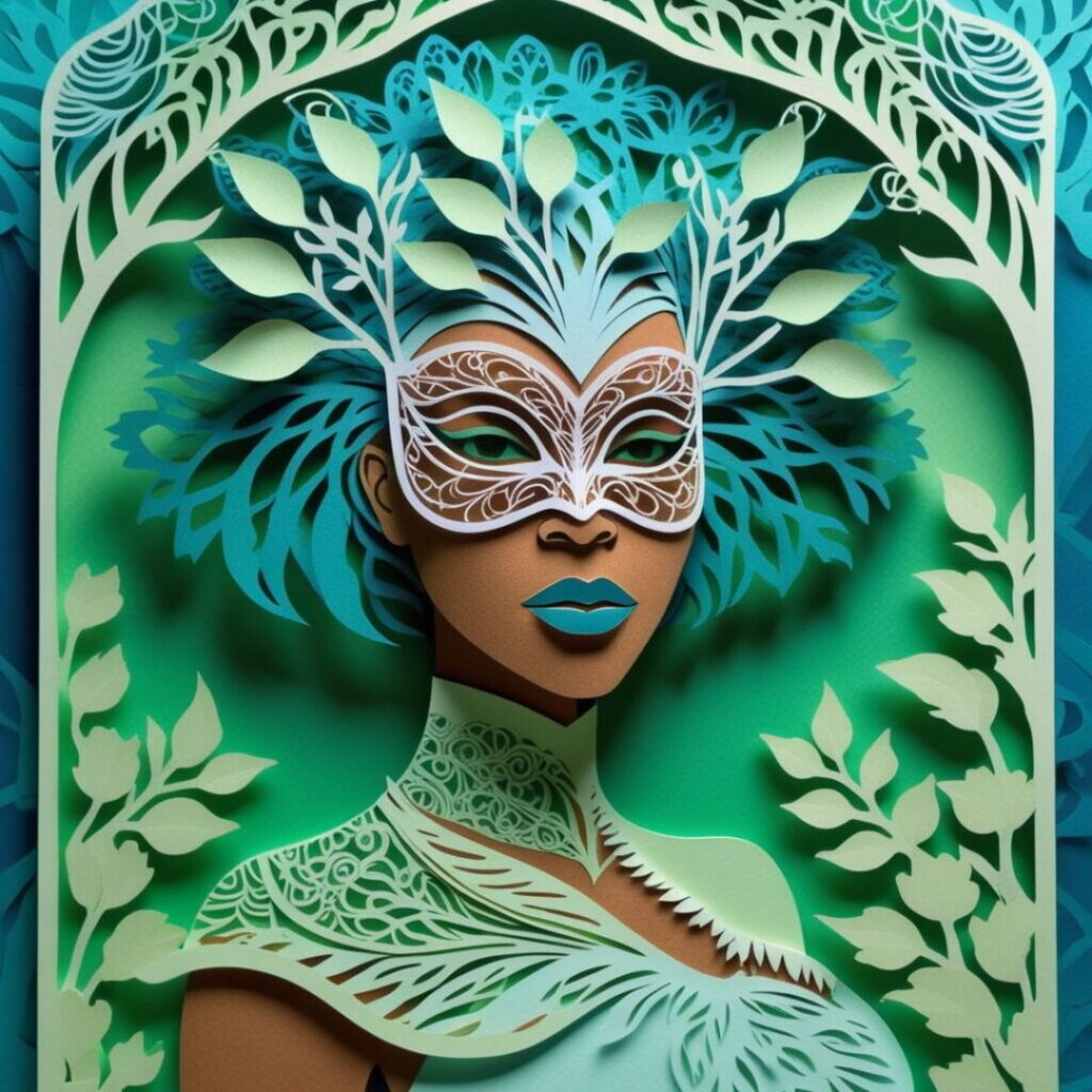 Portrait of a masked Black woman in shades of green and teal, surrounded by leaves and botanical patterns symbolizing truth and self-growth