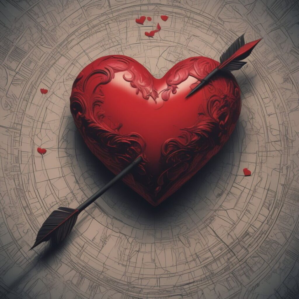 A sculpted red heart pierced by a black arrow rests on a circular map-like background, surrounded by scattered tiny hearts.