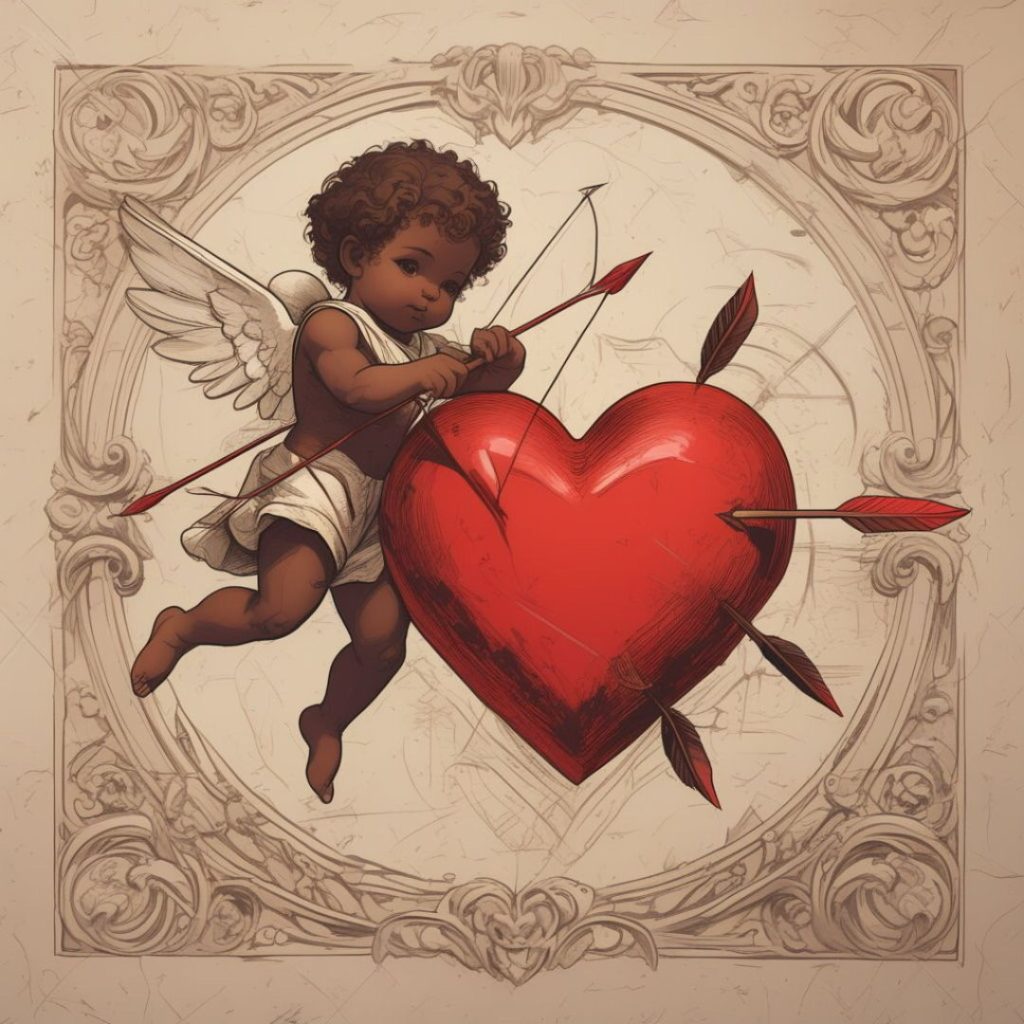 A cherub with wings carefully draws a bow toward a heart already pierced by multiple arrows, set against an ornate parchment frame
