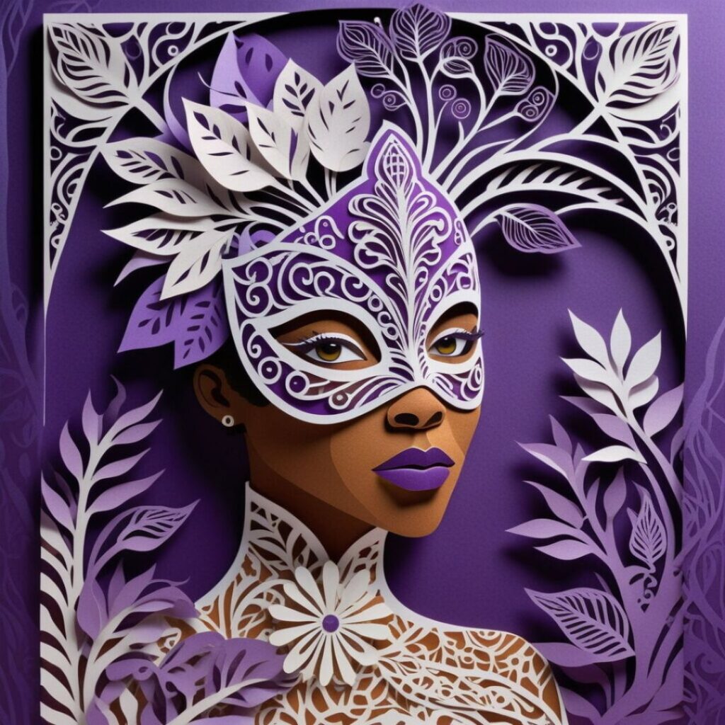 Graceful Black woman in an ornate purple mask surrounded by botanical designs, symbolizing inner truth emerging from self-doubt