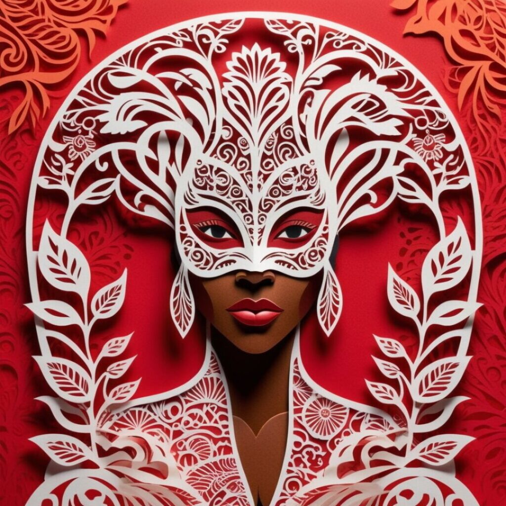 Stylized portrait of a Black woman in a white lace mask against a red background, symbolizing the tension between self-doubt and personal truth