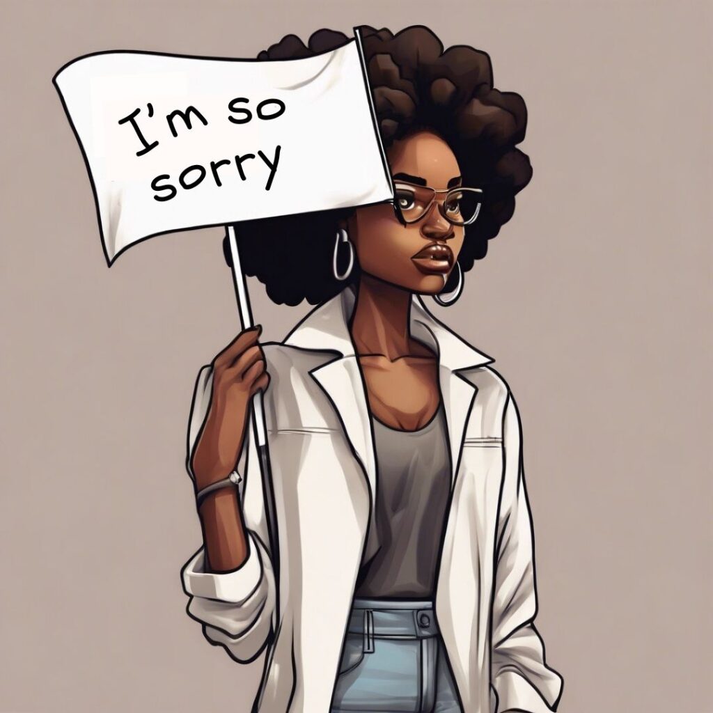 Illustrated Black woman with natural hair holding a white flag that reads “I’m so sorry,” wearing glasses and a neutral-toned outfit.
