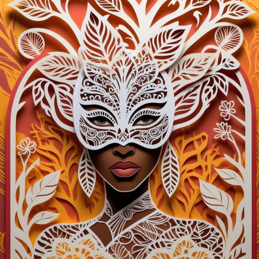 Illustration of a Black woman in a white leaf-patterned mask on an orange background, symbolizing growth through lies and self-discovery