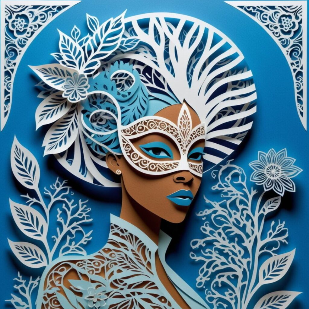 Elegant Black woman in a blue and white floral mask with confident expression, surrounded by intricate botanical motifs