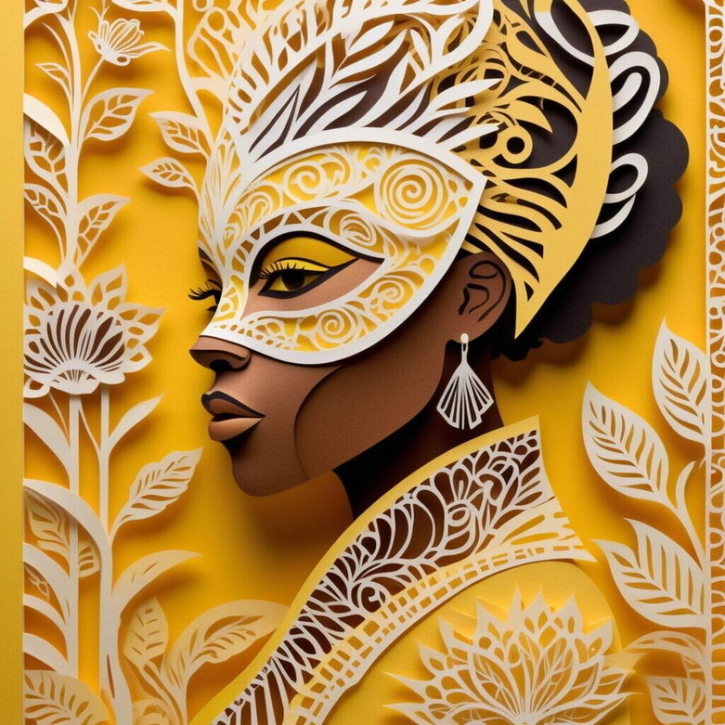 Profile of a Black woman in a golden mask and detailed paper-cut attire, set against a bright yellow floral backdrop symbolizing self-truth and clarity