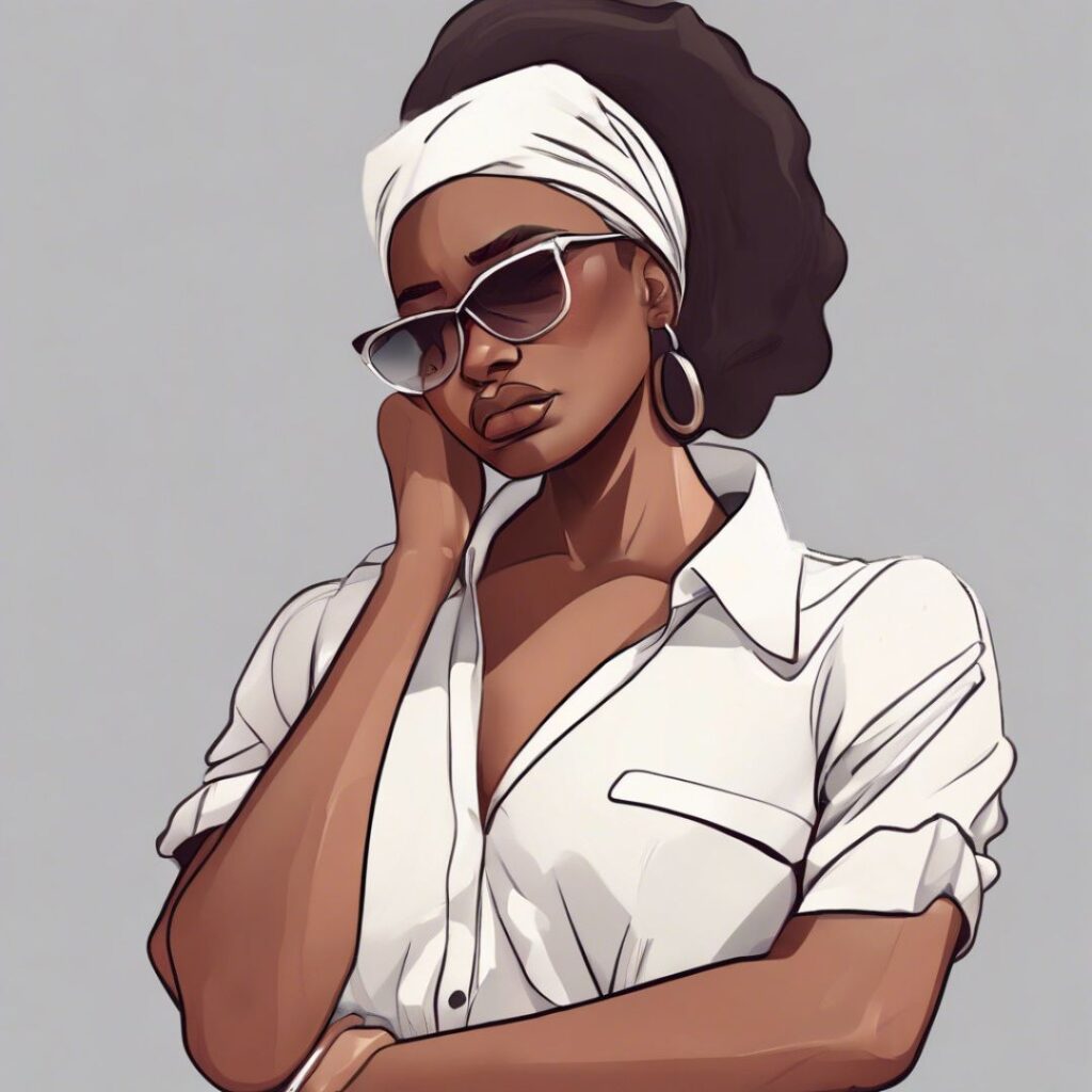 Illustrated Black woman with natural hair, hoop earrings, and sunglasses resting her face on her hand, wearing a thoughtful expression and a white shirt.