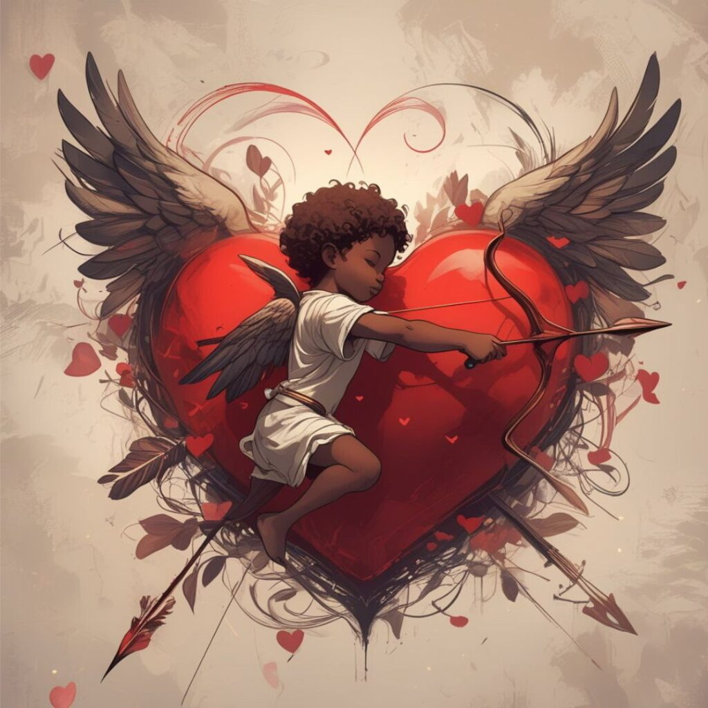 A Black cherub with dark wings pulls back a bowed arrow in front of a large red heart surrounded by floating hearts and thorns