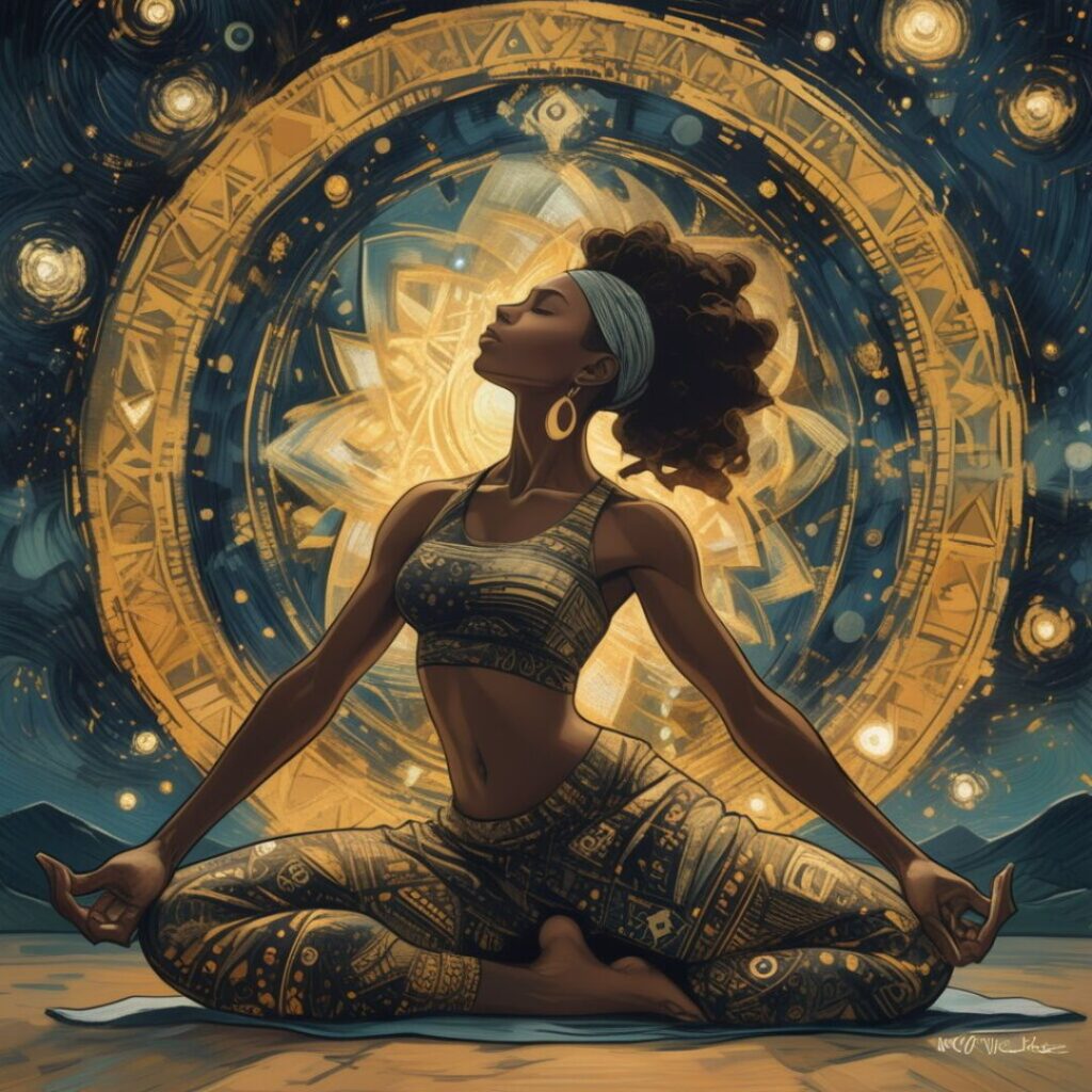 Black woman meditating in front of golden mandala, embodying mindfulness, meditation, and presence