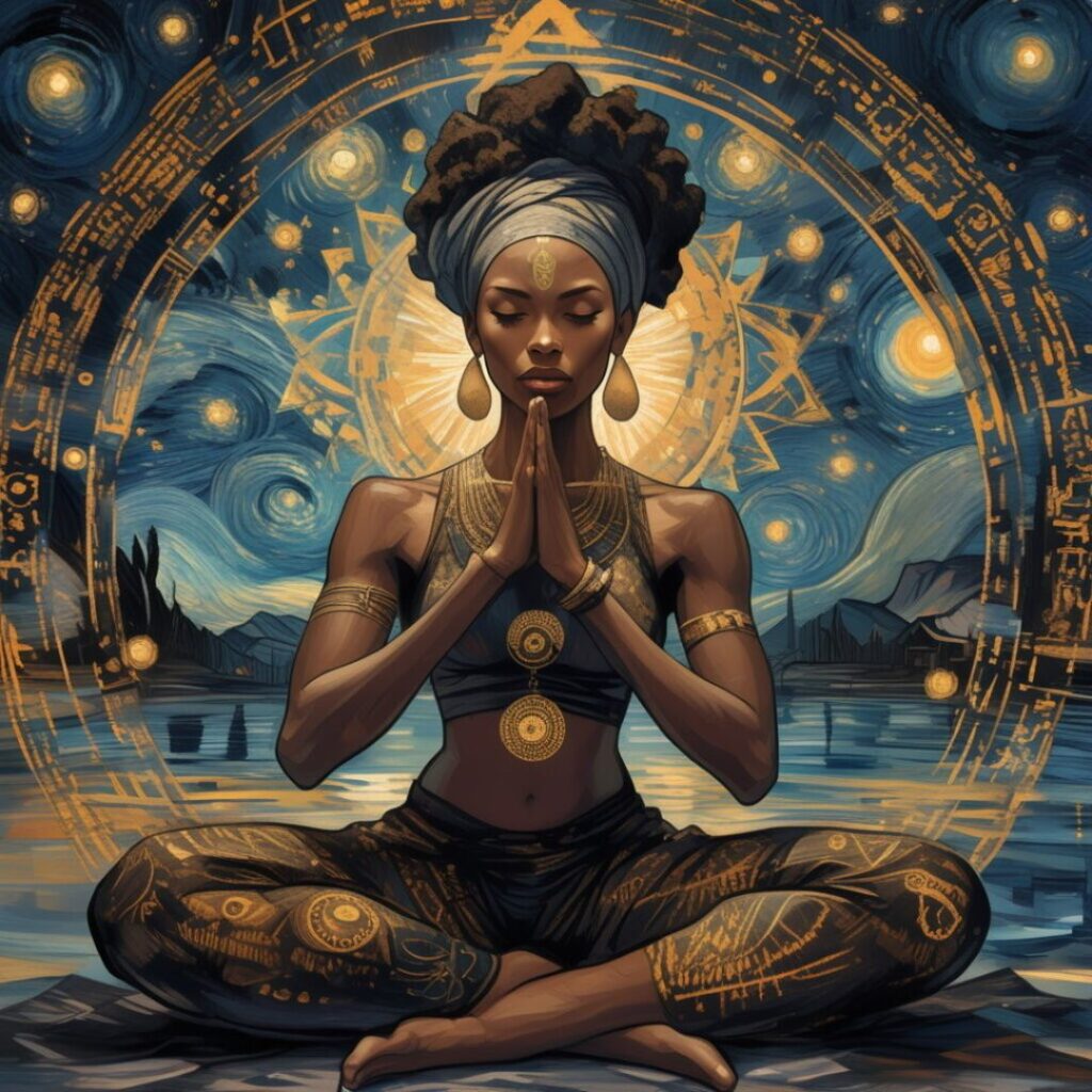 Black woman in prayerful meditation surrounded by cosmic light, reflecting mindfulness and inner presence