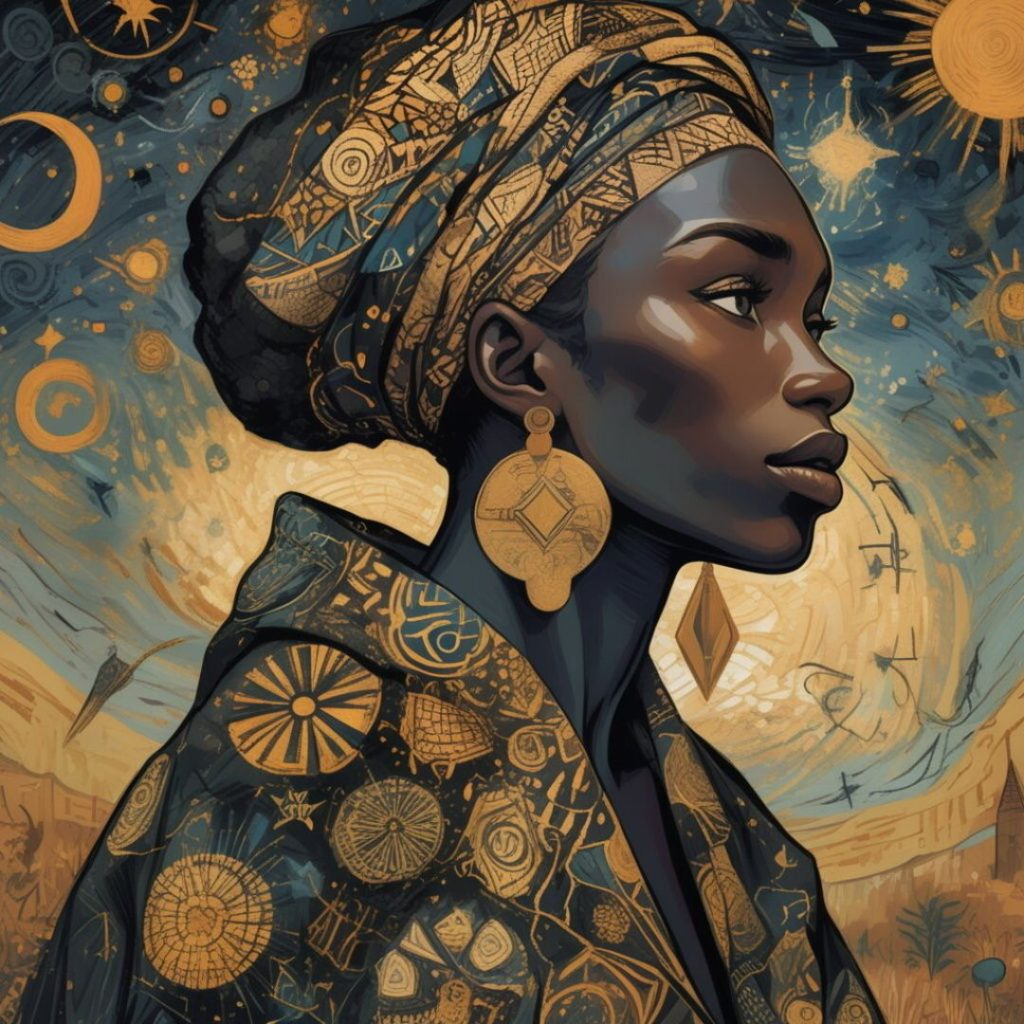 Black woman in celestial-inspired attire reflecting mindfulness, meditation, and presence