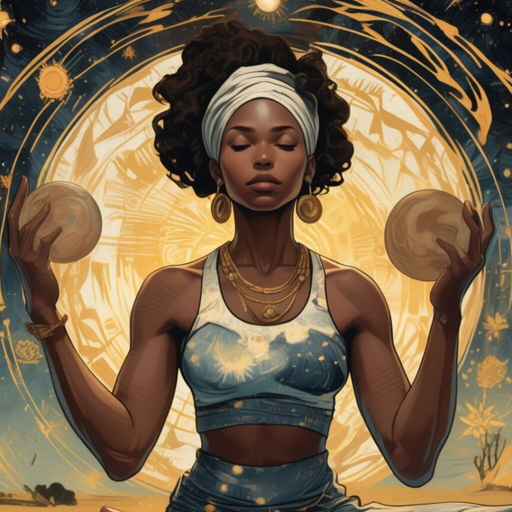 Black woman holding celestial spheres in meditation, symbolizing mindfulness and presence