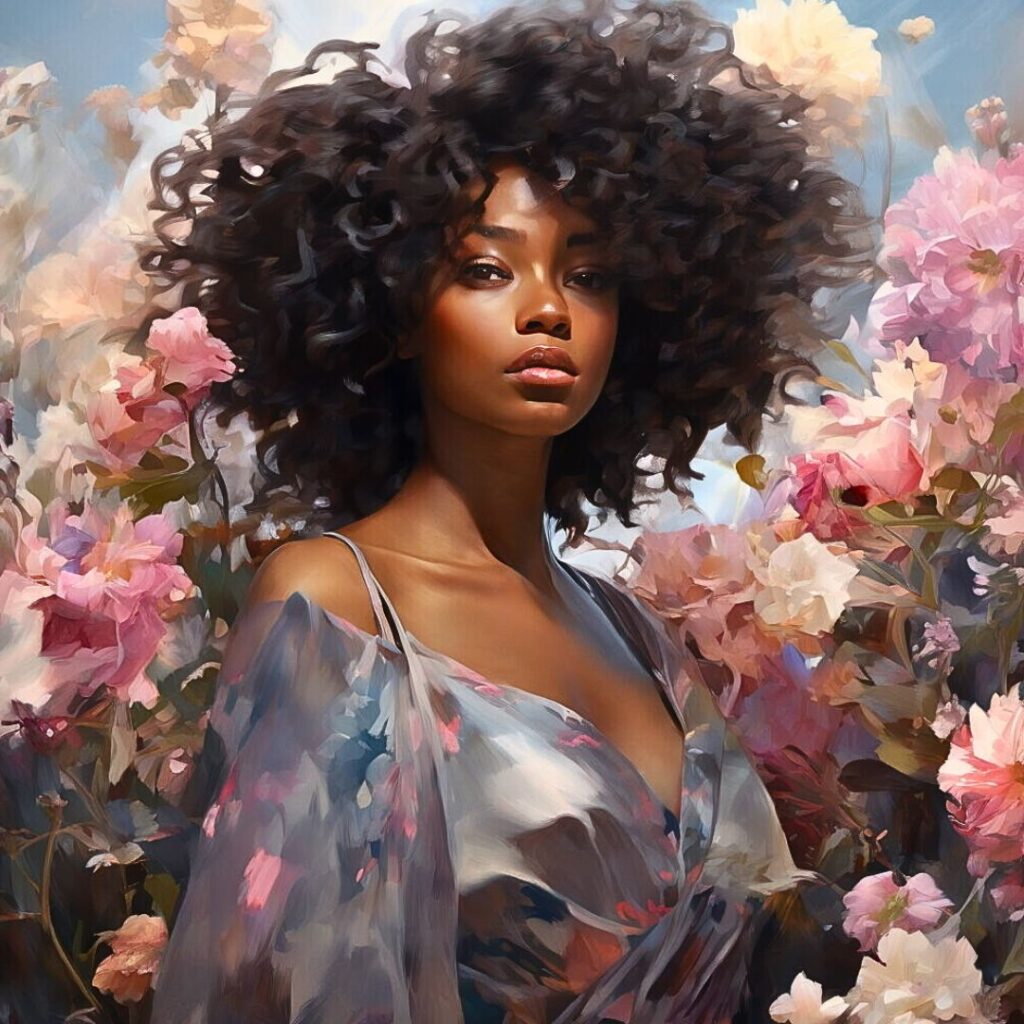 Black woman standing confidently among pastel flowers, embodying calm presence and the mindful acceptance of giving and receiving.