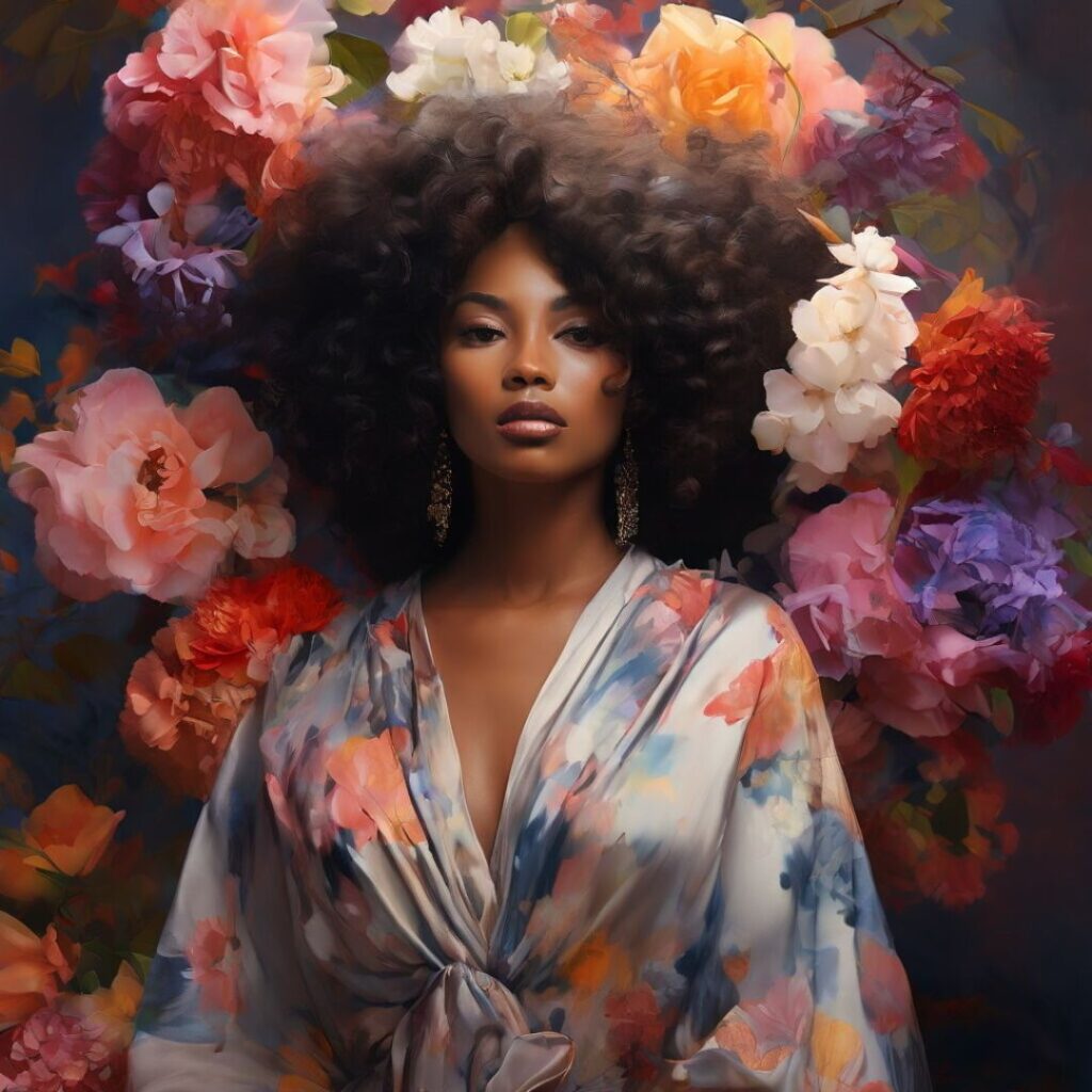 Powerful Black woman standing in front of vivid floral blooms, embodying grounded presence and the mindful act of receiving with openness.