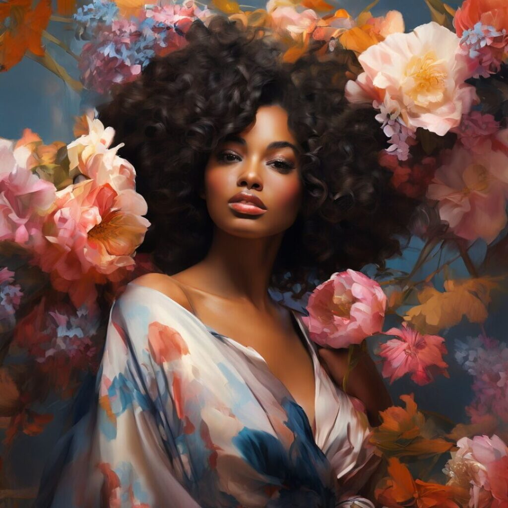 Graceful Black woman surrounded by vivid florals, expressing emotional openness and the quiet beauty of receiving love and support.