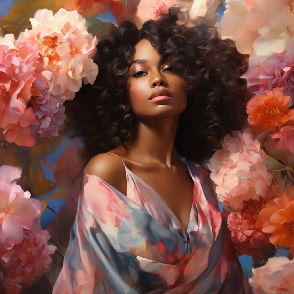 Confident Black woman in a floral dress surrounded by blooming peonies, symbolizing the strength and softness in receiving care.