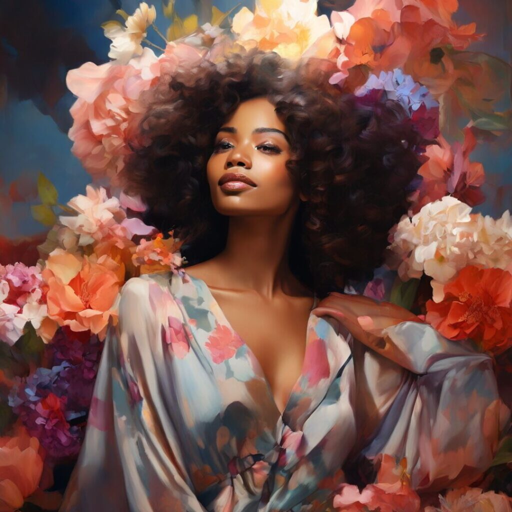 A beautiful Black woman surrounded by soft, colorful flowers, symbolizing openness and the mindful practice of receiving with grace.