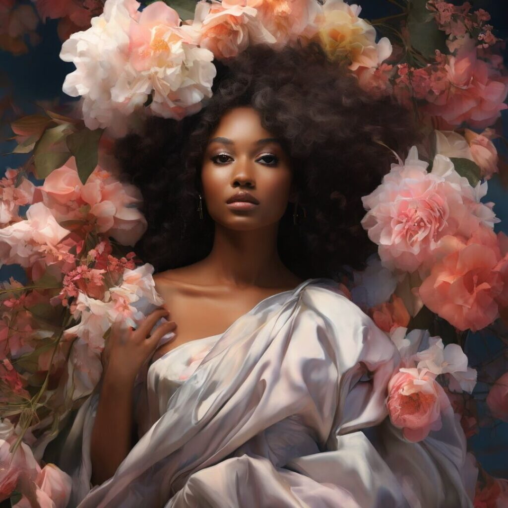 Elegant Black woman draped in satin, surrounded by soft blush flowers, representing the quiet vulnerability of receiving love and care.