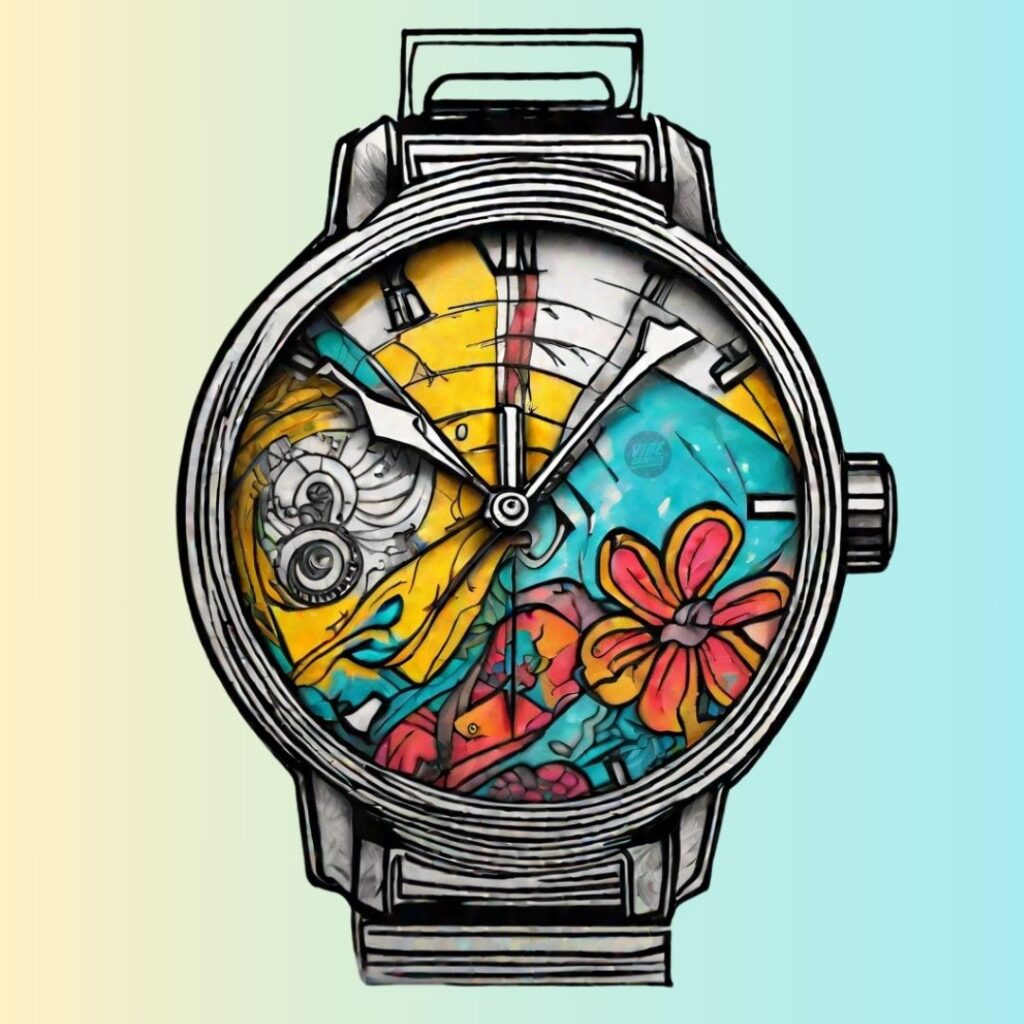 Artistic analog watch with a colorful face featuring abstract gears, floral patterns, and bold yellow, blue, and red segments; symbolizes the beauty of time, mindfulness, and creativity.