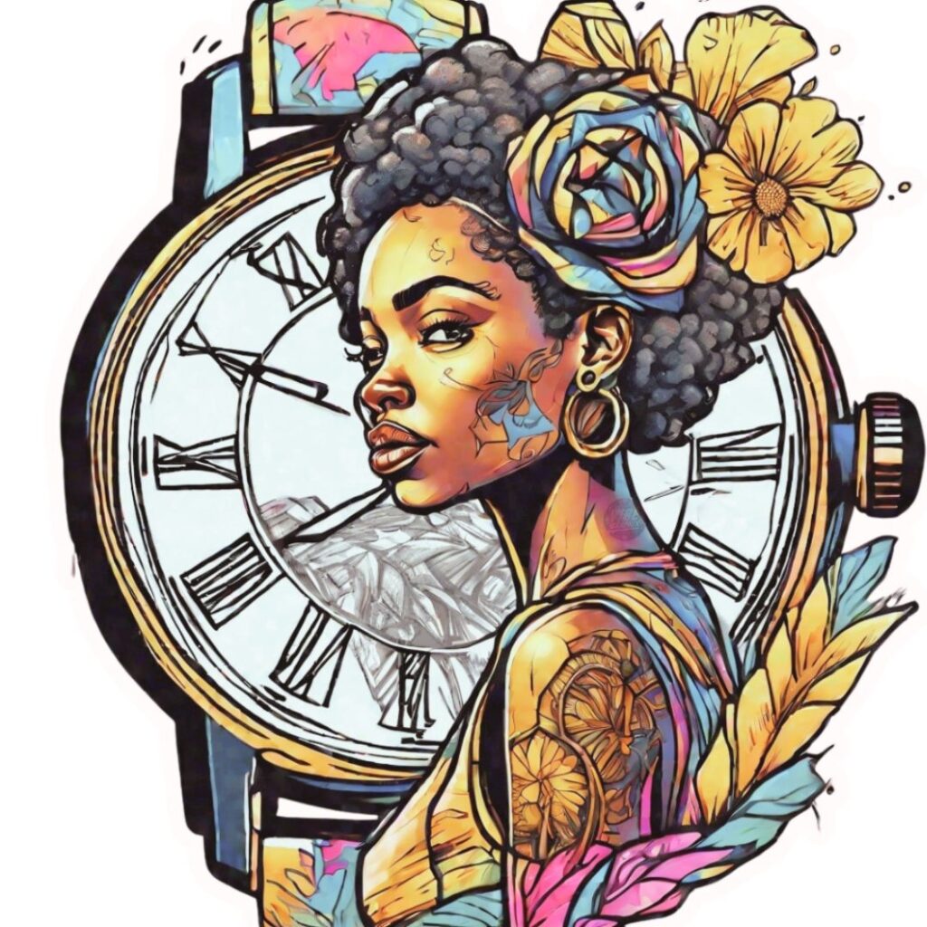 Afrocentric woman with a floral afro hairstyle and bold tattoos, positioned in front of a large Roman numeral clock; symbolizes reclaiming time, feminine presence, and soulful mindfulness.