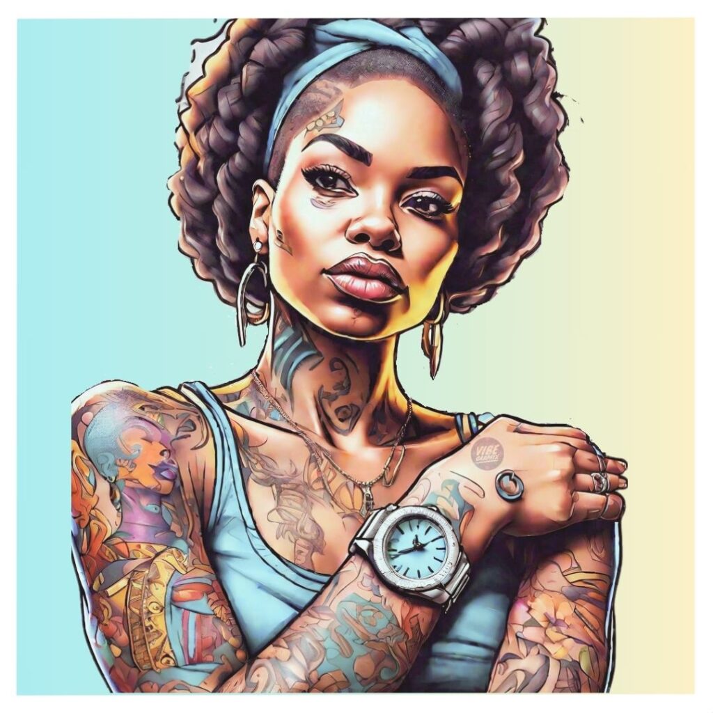 Afrocentric woman with natural curls and bold tattoos, wearing a silver analog wristwatch and a calm expression; symbolizes analog watch mindfulness and intentional presence.